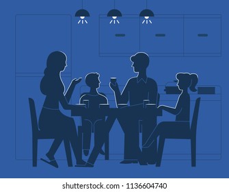 Family At Dinner Table Vector Illustration. Silhouettes Of Mother, Father And Son With Daughter Kids Drinking Tea Or Eating, Sitting Together On Chairs In Kitchen At Evening