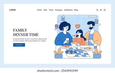 Family Dinner Time concept. A joyful meal shared by parents and child, bonding over home-cooked food. Love, communication, and togetherness at the dining table. Vector illustration.