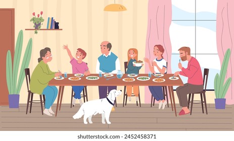 Family dinner together. Cartoon child parents grandparents eat holiday meal in dining kitchen house room, people sitting at table eating food home lunch, classy vector illustration of family lunch