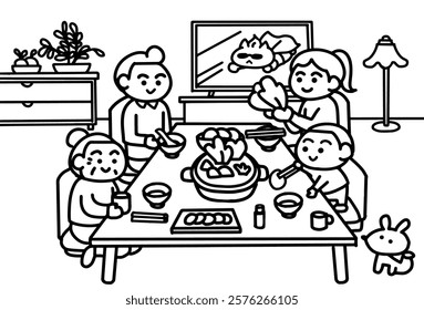 Family dinner together coloring pages style.