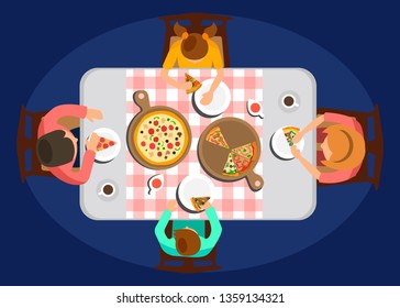 Family Dinner Top View Color Vector Illustration. Parents with Children Sitting at Table, Eating Meal. Margarita and Assorti Pizza on Wooden Board. Cartoon Home-Cooked Food in Pizzeria