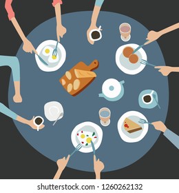 Family dinner top view illustration. Dinner table background. Vector flat illustration catering party with people hands and a table of dishes from the menu, top view