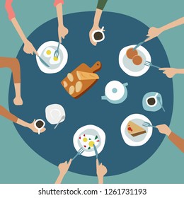 Family dinner top view illustration. Dinner table background. Vector flat illustration catering party with people hands and a table of dishes from the menu, top view