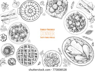 Family dinner top view, vector illustration. Friendly dinner table. Food design template. Engraved style background. Hand drawn sketch, design template.