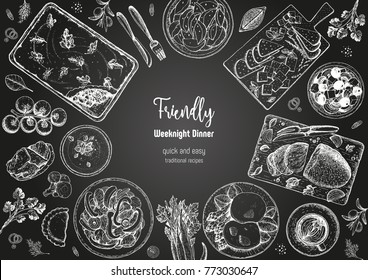 Family dinner top view, vector illustration. Friendly dinner table. Food design template. Engraved style background. Hand drawn sketch, design template.