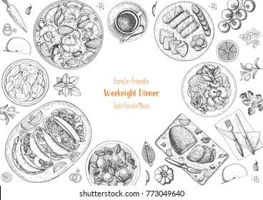 Family dinner top view, vector illustration. Friendly dinner table. Food design template. Engraved style background. Hand drawn sketch, design template.