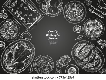 Family Dinner Top View, Vector Illustration. Friendly Dinner Table. Engraved Style Background. Hand Drawn Sketch, Design Template.