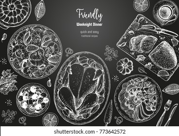 Family dinner top view, vector illustration. Friendly dinner table. Engraved style background. Hand drawn sketch, design template.