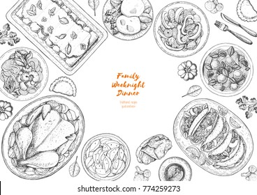 Family dinner top view  vector illustration  Friendly dinner table  Engraved style background  Hand drawn sketch  design template 