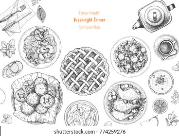 Family dinner top view, vector illustration. Friendly dinner table. Engraved style background. Hand drawn sketch, design template.