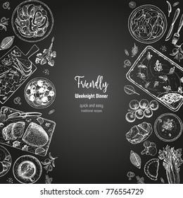 Family dinner top view, vector illustration. Friendly dinner table. Food menu. Engraved style background. Hand drawn sketch, design template.