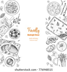 Family dinner top view, vector illustration. Friendly dinner table. Food menu. Engraved style background. Hand drawn sketch, design template.