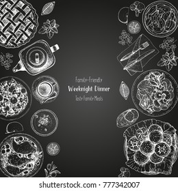 Family dinner top view, vector illustration. Friendly dinner table. Food menu. Engraved style background. Hand drawn sketch, design template.
