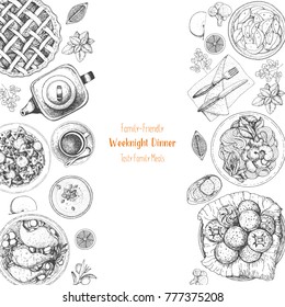 Family dinner top view, vector illustration. Friendly dinner table. Food menu. Engraved style background. Hand drawn sketch, design template.