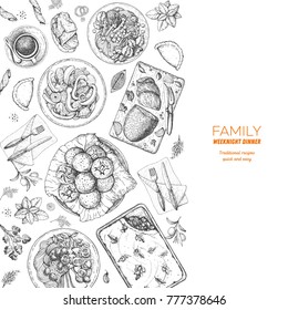 Family dinner top view, vector illustration. Friendly dinner table. Food menu. Engraved style background. Hand drawn sketch, design template.
