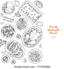 Family dinner top view, vector illustration. Friendly dinner table. Food menu. Engraved style background. Hand drawn sketch, design template.