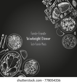 Family Dinner Top View, Vector Illustration. Friendly Dinner Table. Food Menu. Engraved Style Background. Hand Drawn Sketch, Design Template.