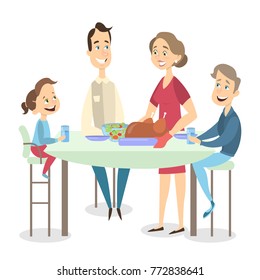 Family dinner with turkey dish at Thanksgiving day on white background.