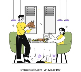 Family dinner with turkey. Man and woman sitting at table with food. Thanksgiving Day, traditional American holiday. Tasty eating. Linear vector illustration isolated on white background