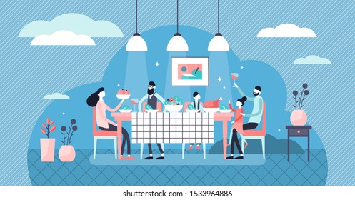 Family Dinner Vector Illustration. Flat Tiny Together Eating Persons Concept. Parents And Children With Delicious And Healthy Food Dish From Kitchen Cook. Happy, Sincere And Warm Feeling Scene At Home