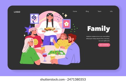 Family dinner website banner depicting a joyful meal together, with engaged characters and playful interior design. Vector illustration.
