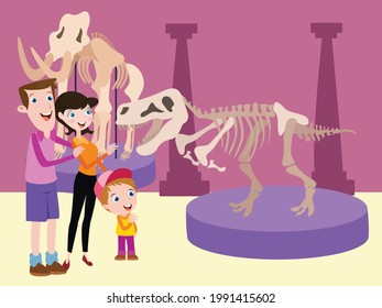 Family And Dinosaur. Happy Family Looking At Dinosaur Skeleton In The Museum