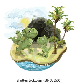 Family of dinosaurs on ostrove.Vektornaya illustration