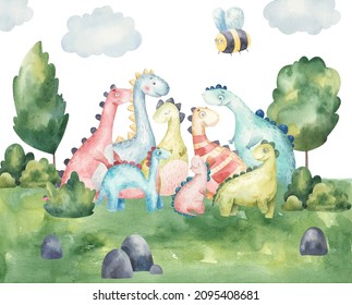 family of dinosaurs, painting, landscape, children's illustration, nursery design, print