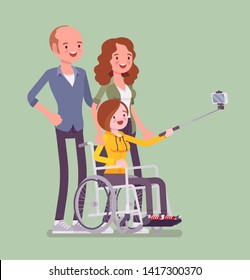 Family with a disabled child. Parents taking selfie photo with a teen daughter sitting in wheelchair, social assistance, care and medical health support for kid rehabilitation. Vector illustration