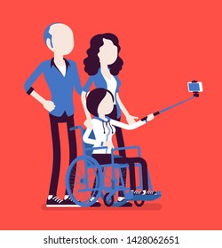 Family with a disabled child. Parents taking selfie photo with a teen daughter sitting in wheelchair, social care and medical health support, rehabilitation. Vector illustration, faceless characters