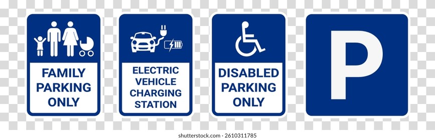 Family, Disabled, and Electric Car Charging Parking Zone Signs – Vector Set of Common Blue Parking Signage