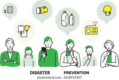 Family discussing disaster prevention - vector icon set illustration material