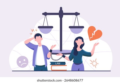 Family dispute concept. Man and woman in handcuffs near stack of books and scales. Problems in family. Conflict between husband and wife. Bad relationship. Flat vector illustration