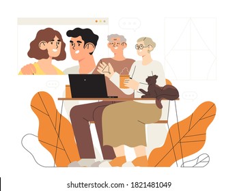 Family distant videoconference or conference call. Online communication or meeting with relatives. Parents with children chatting by video call from other country or during isolation at home. 