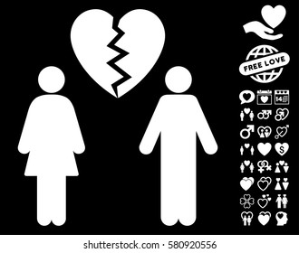 Family Divorce icon with bonus amour clip art. Vector illustration style is flat iconic white symbols on black background.