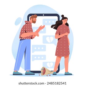 Family in divorce. Man and woman arguing against backdrop of marriage contract. Couple breaks up. Negative feelings and emotions. Quarrel and scandal. Flat vector illustration