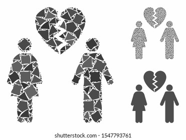 Family divorce mosaic of irregular parts in different sizes and shades, based on family divorce icon. Vector tuberous parts are composed into mosaic. Family divorce icons collage with dotted pattern.