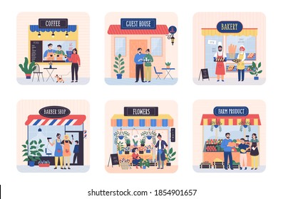 Family do business. Set of happy cartoon diverse people work at family business. Collection of owners and customers with small shop, guest house, cafe, store facades and services isolated on white