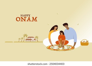 Eine Familie machen Blumendesigns auf dem Boden vor dem Hintergrund ihres Hauses. Konzept von Onam Festival in Kerala