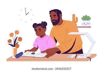 La familia hace la tarea juntos. Padre ayuda a su hijo con ejercicios en casa. Papá guía con el estudio, la lectura del niño. Estudiante inteligente y padres aprendiendo libro escolar en el escritorio. Ilustración vectorial plana