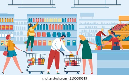 Family do shopping in supermarket, foodstuff store. Super market and store, people in grocery shop or food retail, vector illustration