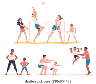 Family do sports. Mom, dad and children spend time together. Parents play volleyball and do exercises with kids. Physical education, healthy lifestyle concept. Cartoon flat vector illustration