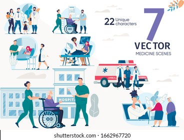 Family Doctor, Ambulance Service Team, Hospital or Rehabilitation Service Nurses, Senior and Disabled Patients Characters, Work Scenes Set. Medical Help Concepts Trendy Flat Vector Illustrations