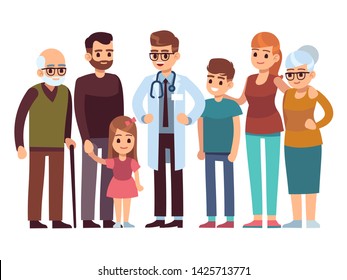 Family doctor. Big happy health family with therapist, patients parents kids healthcare professional service, healthy smiling people in hospital flat vector design