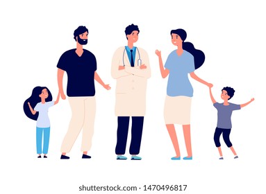 Family doctor. Big healthy family with therapist. Parents kids patients and physician. Healthcare and dental service vector concept. Illustration of doctor and therapist give advice family