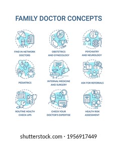 Family doctor blue concept icons set. In-network physician. Ask for referrals. Professional medical service idea thin line RGB color illustrations. Vector isolated outline drawings. Editable stroke