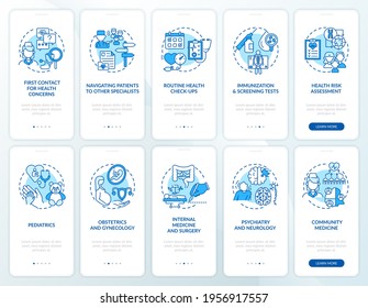 Family doctor blue onboarding mobile app page screen with concepts set. Health care walkthrough 5 steps graphic instructions. UI, UX, GUI vector template with linear color illustrations