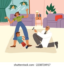 Family doctor coming to visit sick child at home. Pediatrician from pediatrics clinic treating kid at home with parents. Healthcare and medicine concept. Cartoon flat vector illustration