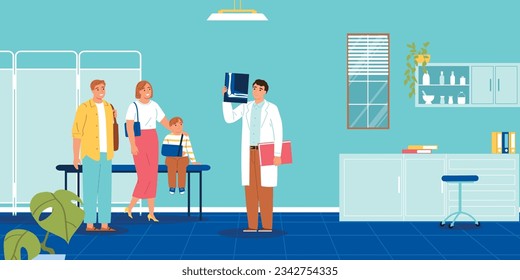 Composición del médico familiar con el escenario interior del consultorio del médico con el niño y el médico progenitores sosteniendo la ilustración del vector radiogramo