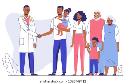 Family Doctor Concept With Ethnic Patients. Consultation And Diagnosis In Hospital. Happy African American Family Mother, Father, Children, Grandfather, Grandmother With Young Black Practitioner Man
